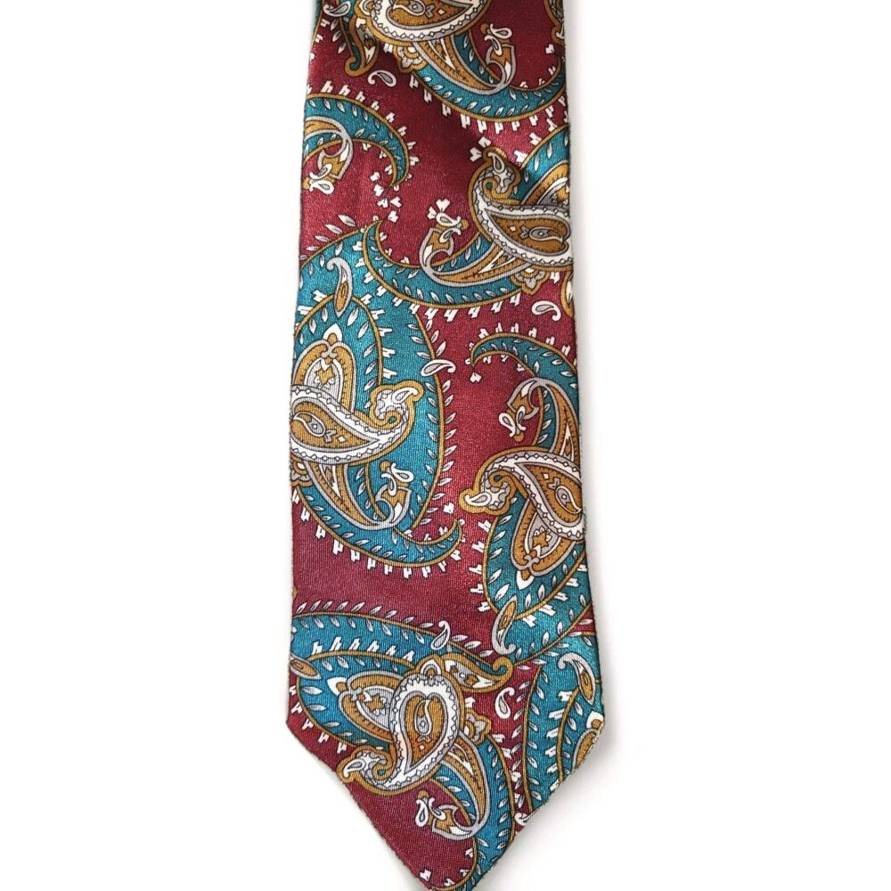 Vintage Adolfo Men's Tie Paisley Red, Green Blue Print Sistine Satin 58L 3-1/2 W